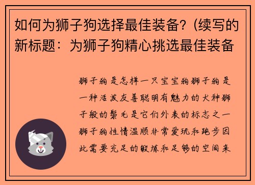如何为狮子狗选择最佳装备？(续写的新标题：为狮子狗精心挑选最佳装备攻略)
